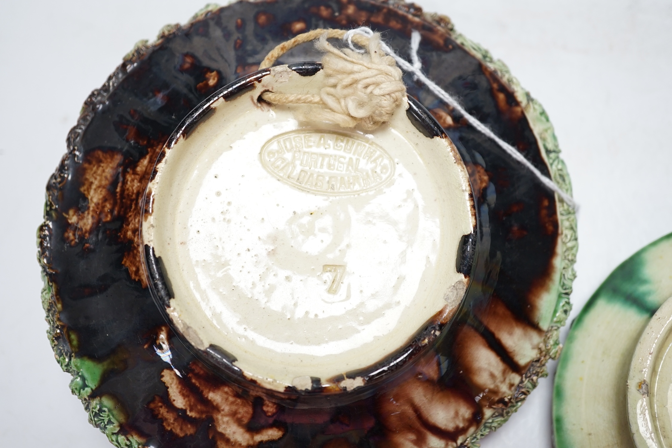 Two small Caldas Da Rainha Palissy ware dishes, decorated with invertebrates, amphibians and insects, largest 15cm diameter